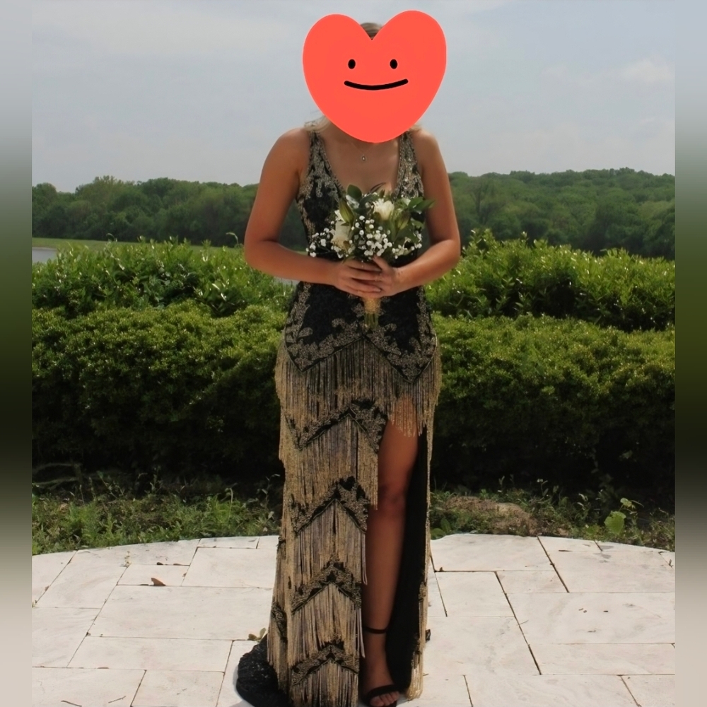 Jovani V Neck Sequin Fringe Gown